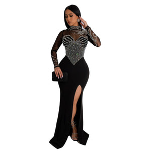 Women's Rhinestone Pearl See-through Waist-tight Stretch Split Dress