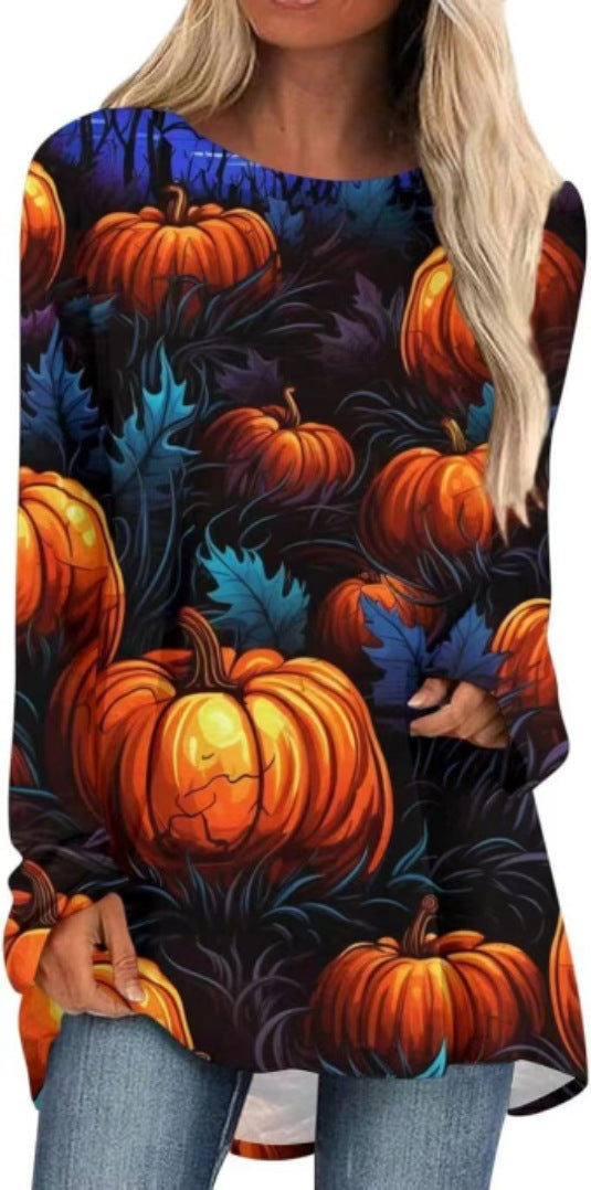 2020 Stylish Loose Round Neck Digital Printed Long-sleeved Top
