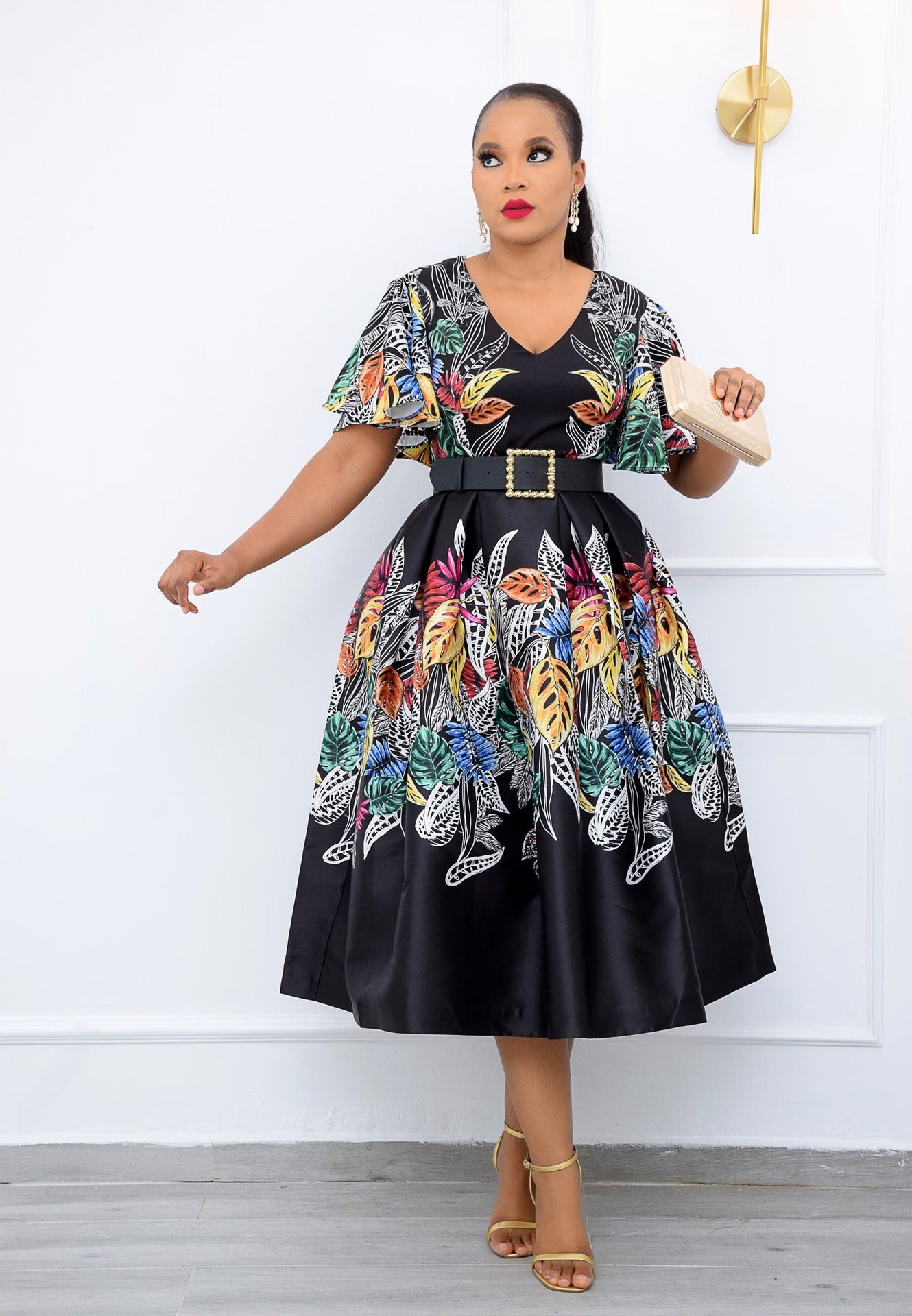Printed Black Pullover High Waist Temperament Commuter Midi Dress