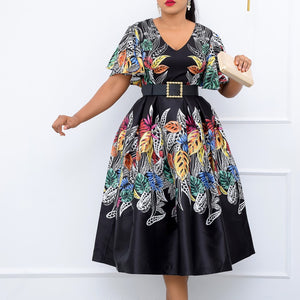 Printed Black Pullover High Waist Temperament Commuter Midi Dress