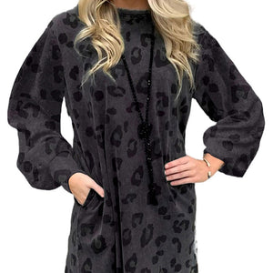 Women's Autumn Leopard Print Pocket Sweatshirt Dress