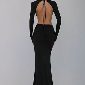Sexy V-neck Backless Long Sleeves Skirt Waist Decorative Flower Split Fishtail Gown Dress Long