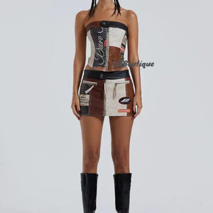 Stitching Racing PU Corset Mini Skirt