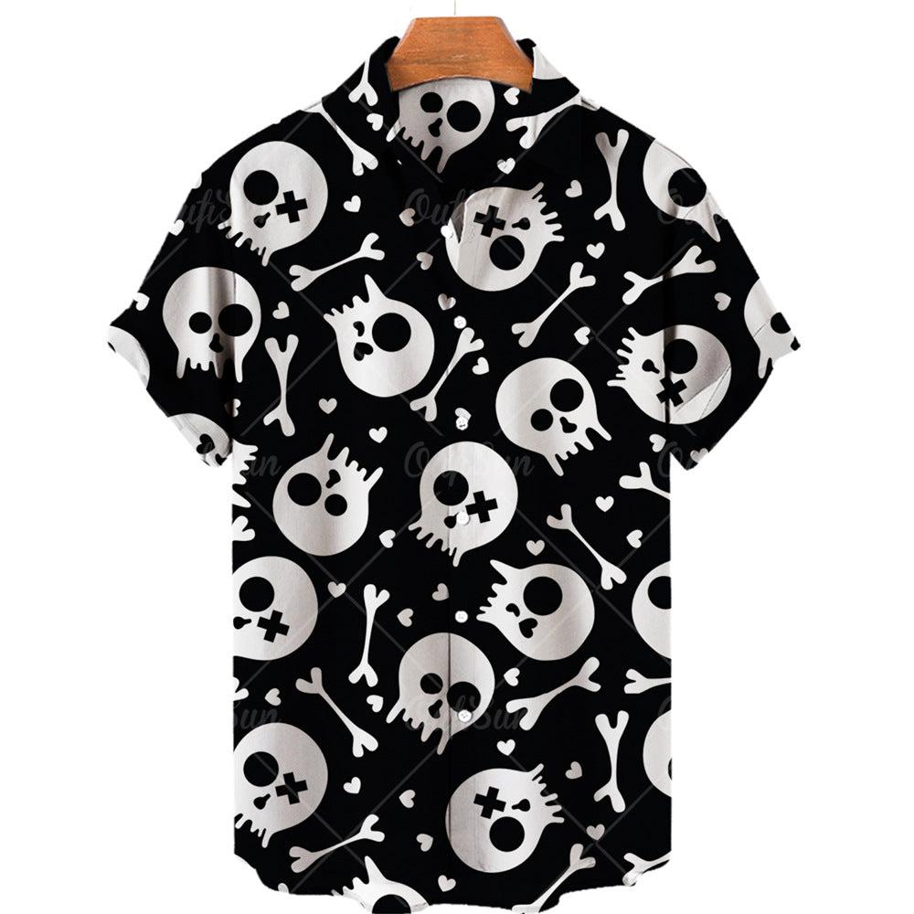 Men's Halloween Short Sleeve Printing Lapel Cardigan Top Summer Cartoon Unique Shirt