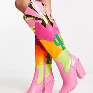 Ins Fashion Runway Chunky Heel Multi-color Mosaic Boots