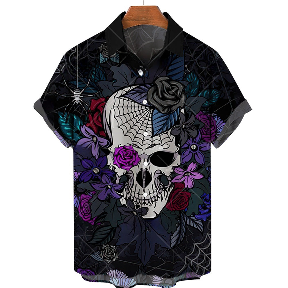 Men's Halloween Short Sleeve Printing Lapel Cardigan Top Summer Cartoon Unique Shirt