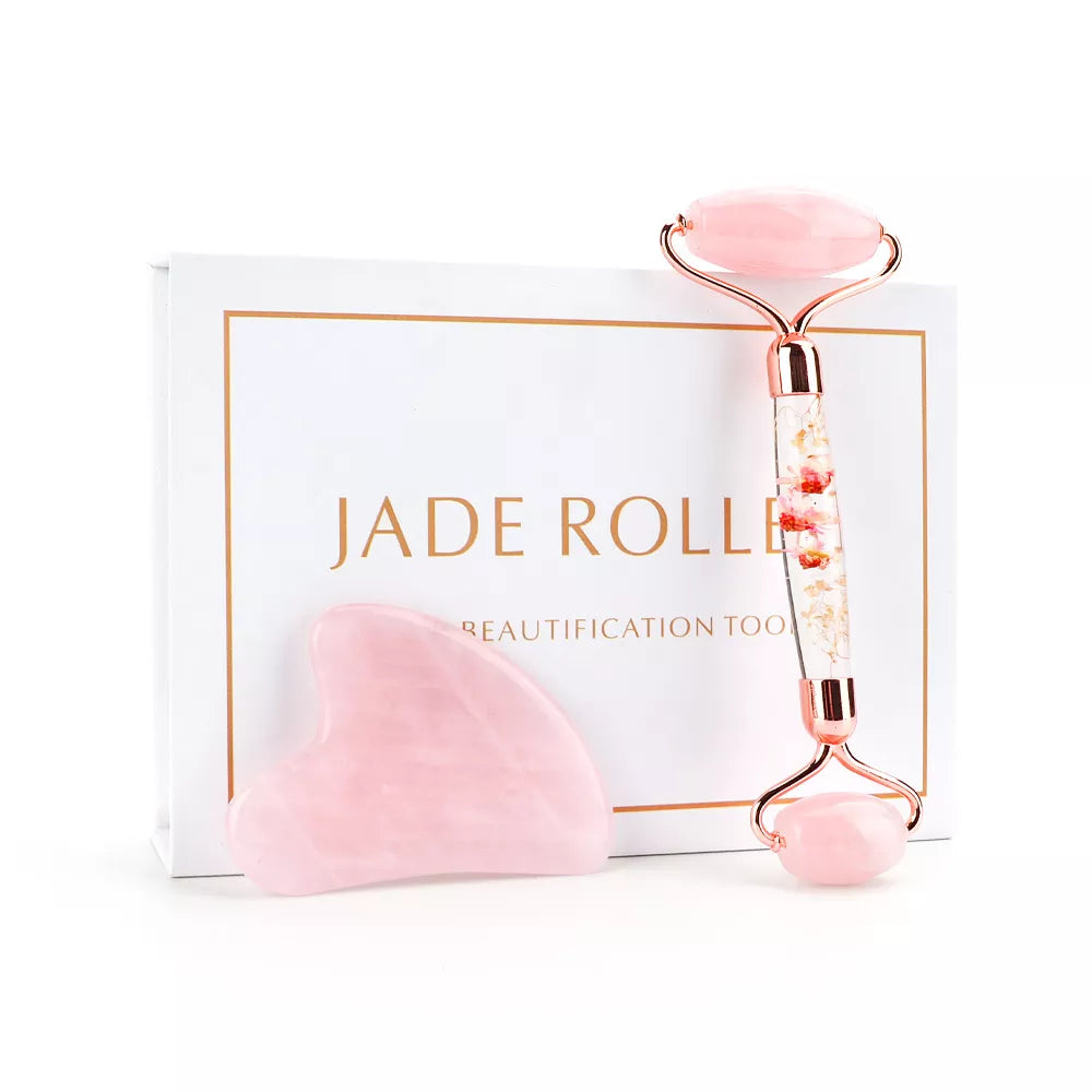 Natural Rose Quartz Jade Roller Gua Sha Set Facial Body Massager Roller