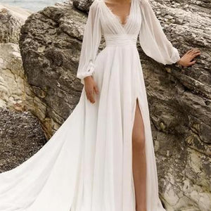 European And American High Waist Plus Size Deep V Long Sleeve Mopping Backless Wedding Dress High Slit