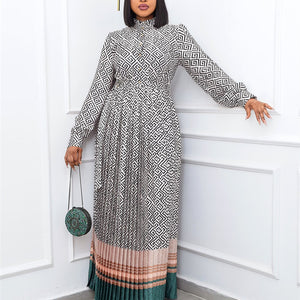 Spring New Round Neck Plus Size Printed Mid Waist Plus Size Long Pleated Dress