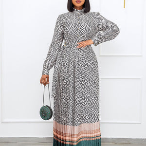 Spring New Round Neck Plus Size Printed Mid Waist Plus Size Long Pleated Dress