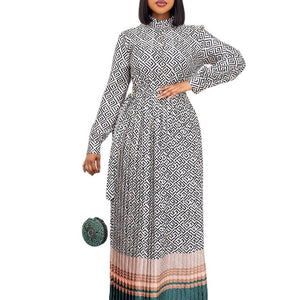 Spring New Round Neck Plus Size Printed Mid Waist Plus Size Long Pleated Dress