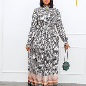 Spring New Round Neck Plus Size Printed Mid Waist Plus Size Long Pleated Dress