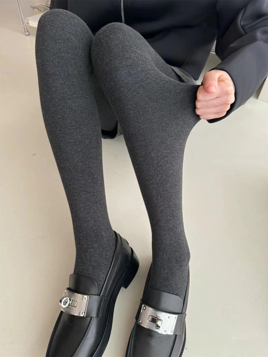 Gray Thickened Vertical Stripes Cotton Pantyhose