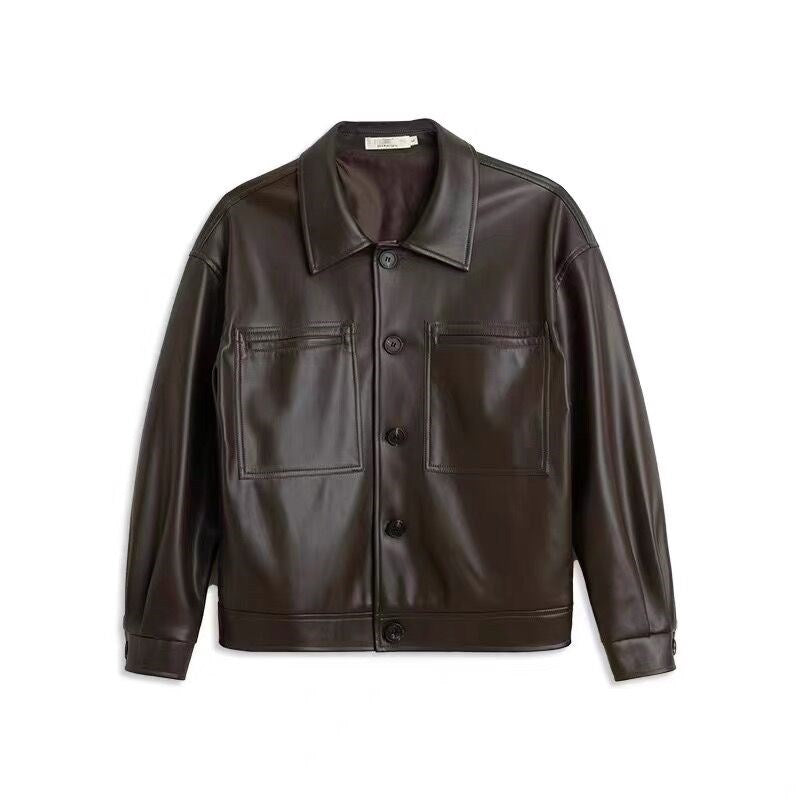 Autumn Retro Lapels Short Pu Leather Casual Jacket Men's Korean-style Niche Net Red Loose Leather Coat Ruffle Handsome Stylish