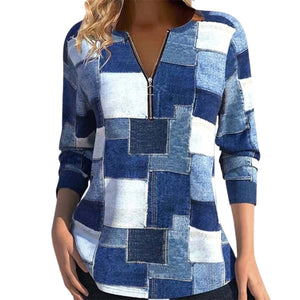 Women's Zipper Long Sleeve Geometric Top