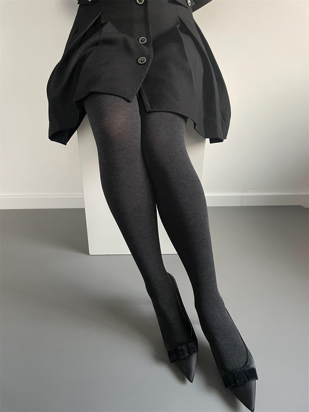 Gray Thickened Vertical Stripes Cotton Pantyhose