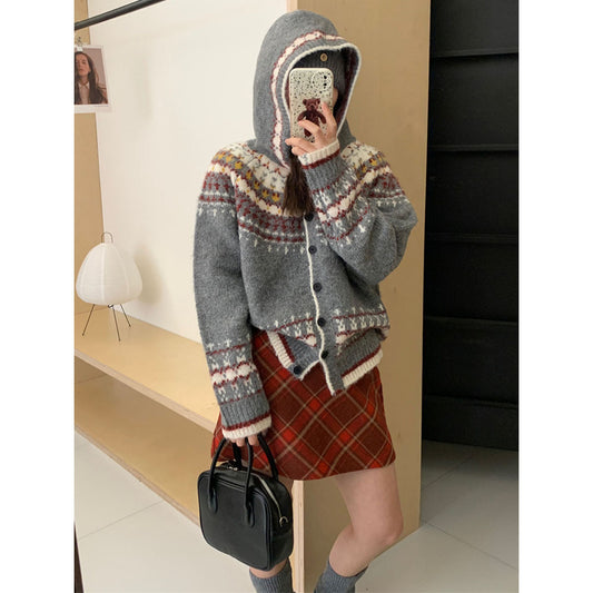 Women's Vintage Contrast Color Hooded Sweater