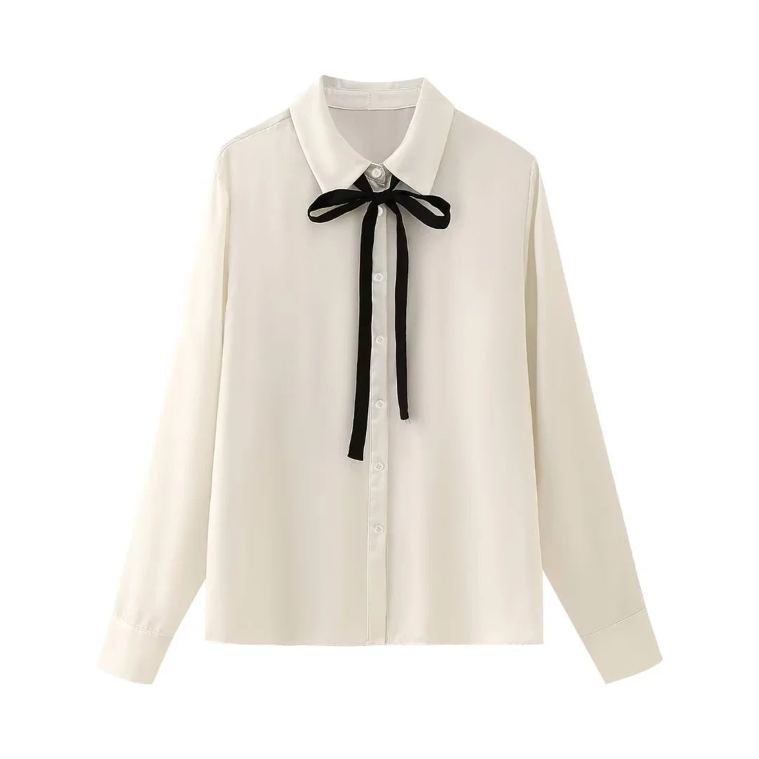 Bowknot Decoration Silk Satin Textured Shirt