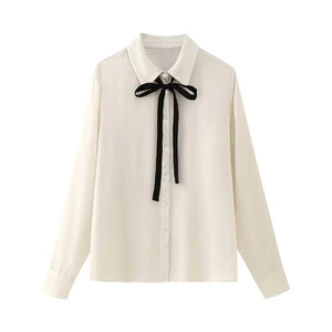 Bowknot Decoration Silk Satin Textured Shirt
