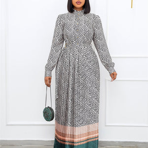 Spring New Round Neck Plus Size Printed Mid Waist Plus Size Long Pleated Dress