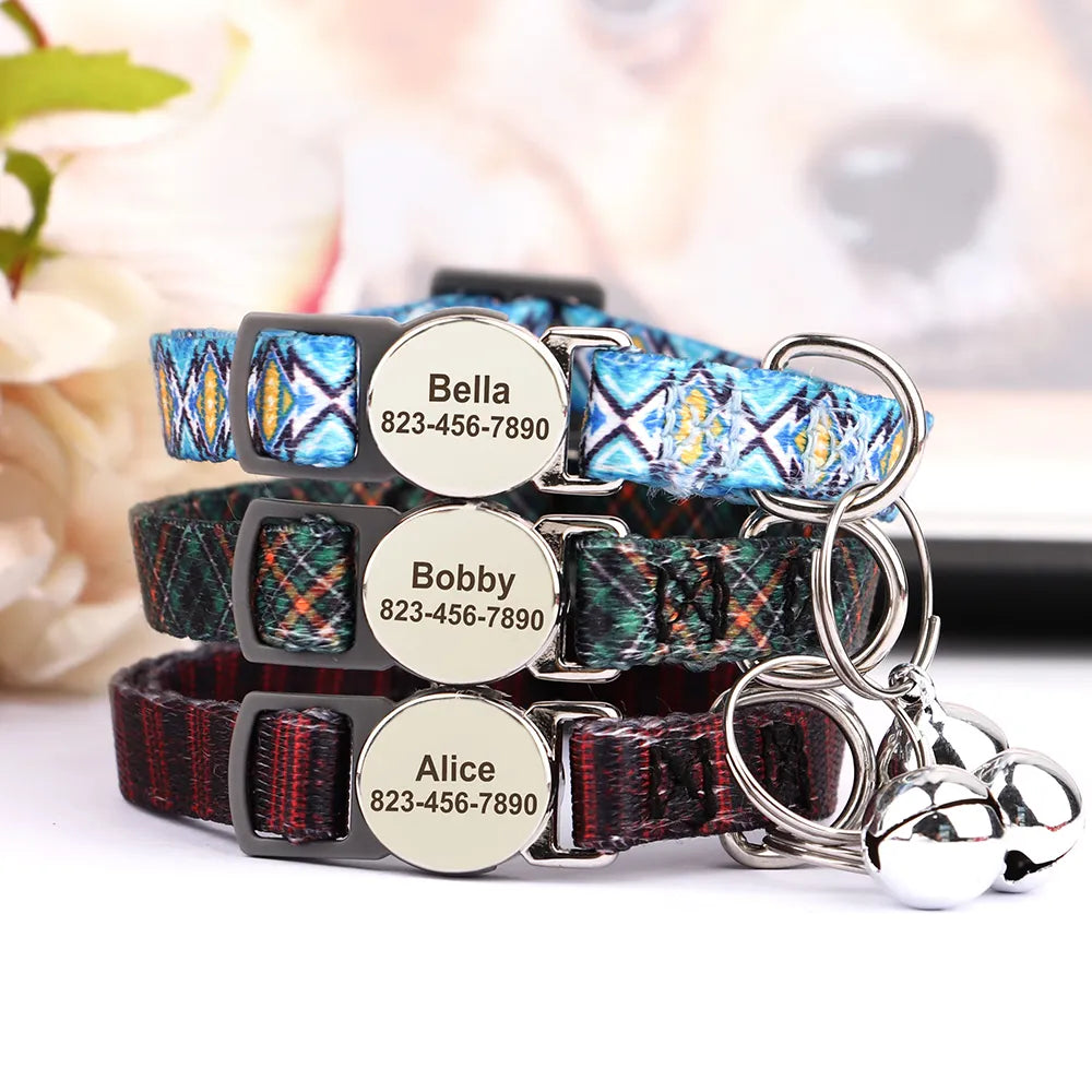 Printed Cat Collar Adjustable Kitten Puppy Collars With Free Engraved ID Nameplate Bell