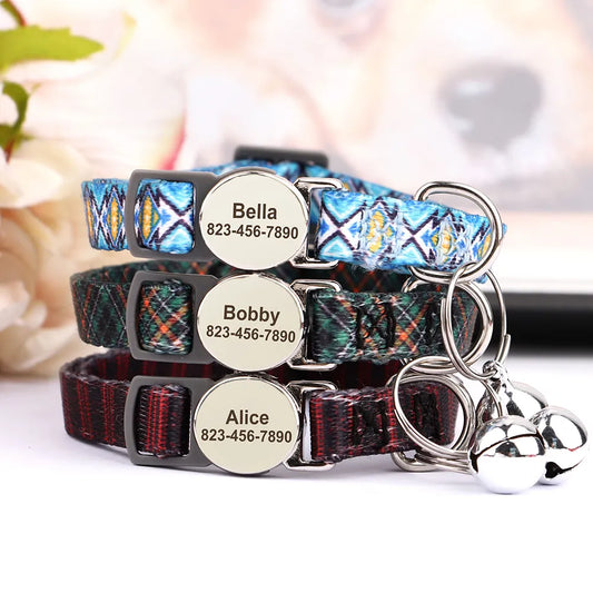 Printed Cat Collar Adjustable Kitten Puppy Collars With Free Engraved ID Nameplate Bell