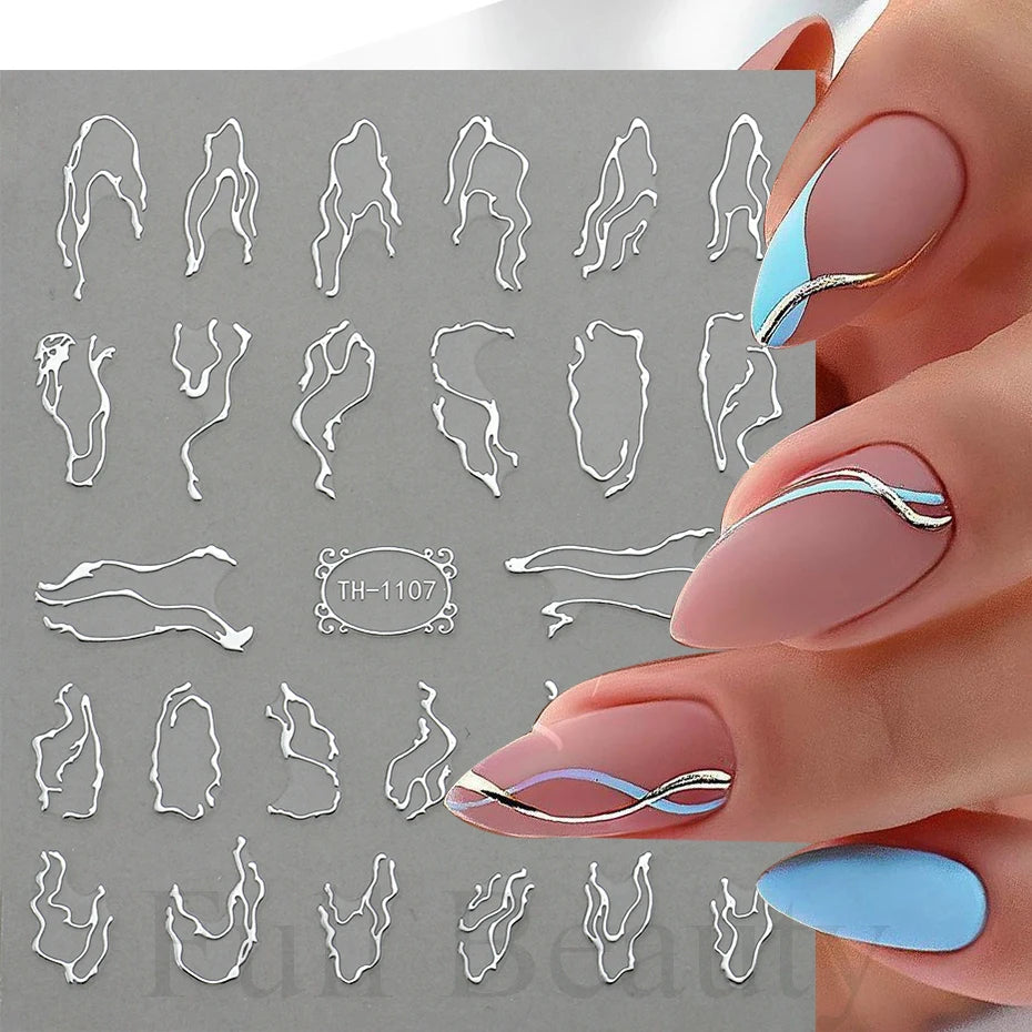 3D Golden Wave Line Nail Sticker Marble Blue Geometry Abstract Flowers