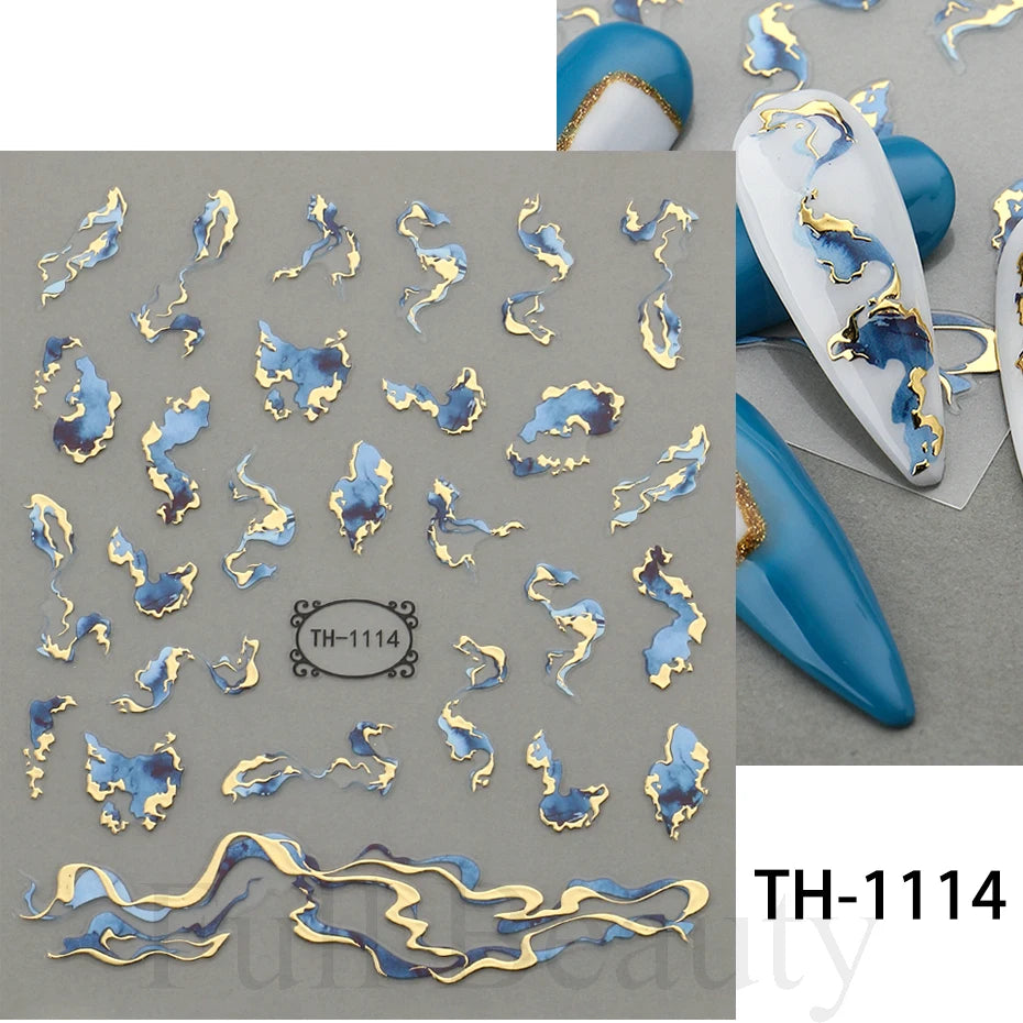 3D Golden Wave Line Nail Sticker Marble Blue Geometry Abstract Flowers