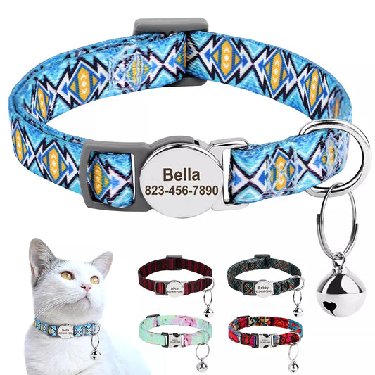 Printed Cat Collar Adjustable Kitten Puppy Collars With Free Engraved ID Nameplate Bell