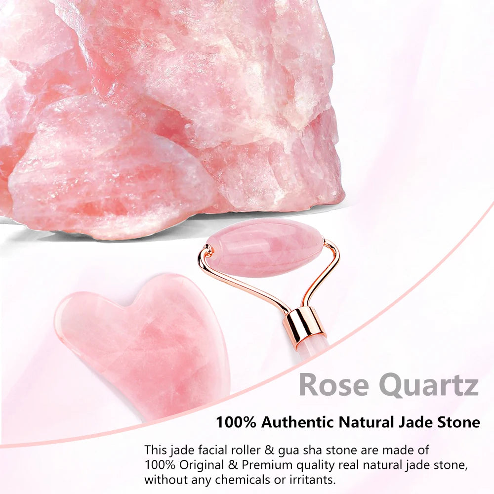 Natural Rose Quartz Jade Roller Gua Sha Set Facial Body Massager Roller
