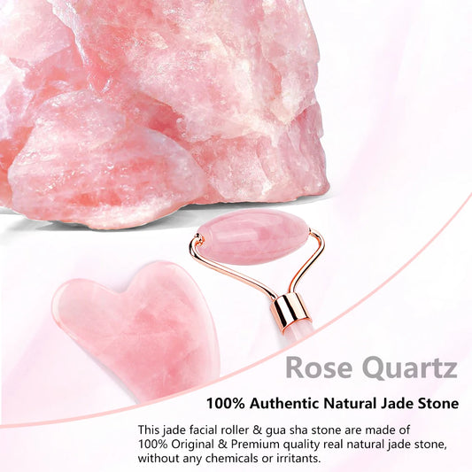 Natural Rose Quartz Jade Roller Gua Sha Set Facial Body Massager Roller