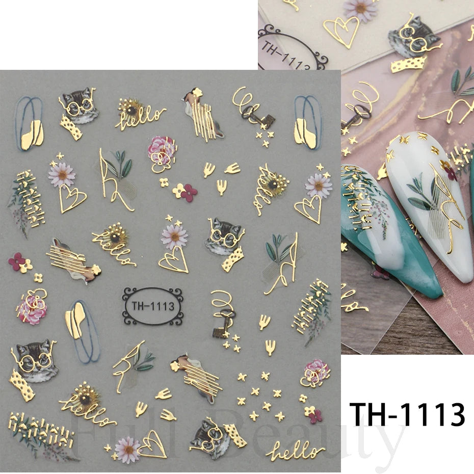 3D Golden Wave Line Nail Sticker Marble Blue Geometry Abstract Flowers