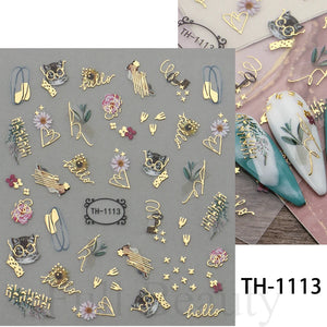3D Golden Wave Line Nail Sticker Marble Blue Geometry Abstract Flowers