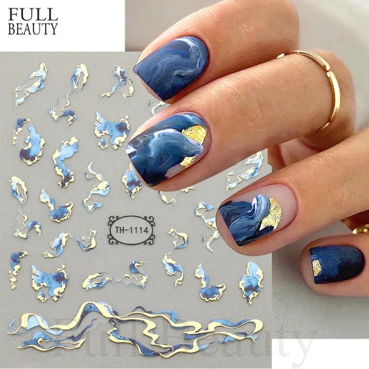 3D Golden Wave Line Nail Sticker Marble Blue Geometry Abstract Flowers
