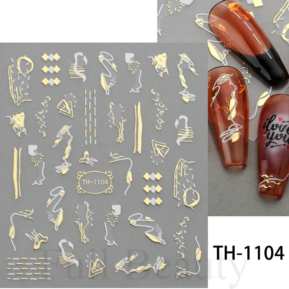 3D Golden Wave Line Nail Sticker Marble Blue Geometry Abstract Flowers