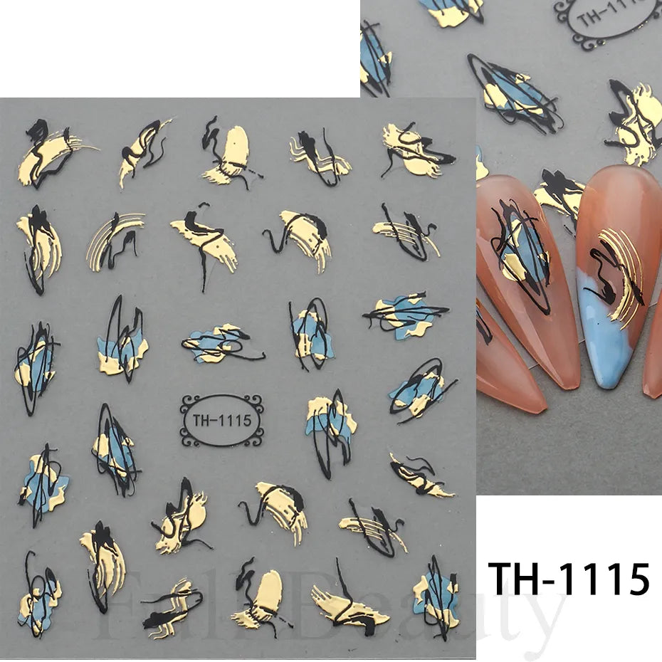 3D Golden Wave Line Nail Sticker Marble Blue Geometry Abstract Flowers