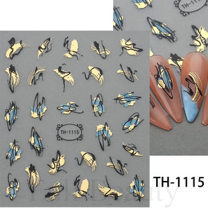 3D Golden Wave Line Nail Sticker Marble Blue Geometry Abstract Flowers