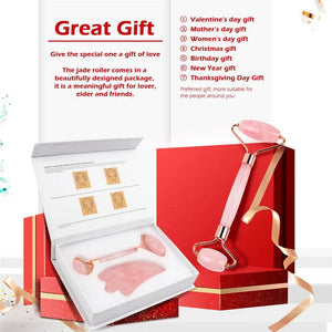 Natural Rose Quartz Jade Roller Gua Sha Set Facial Body Massager Roller