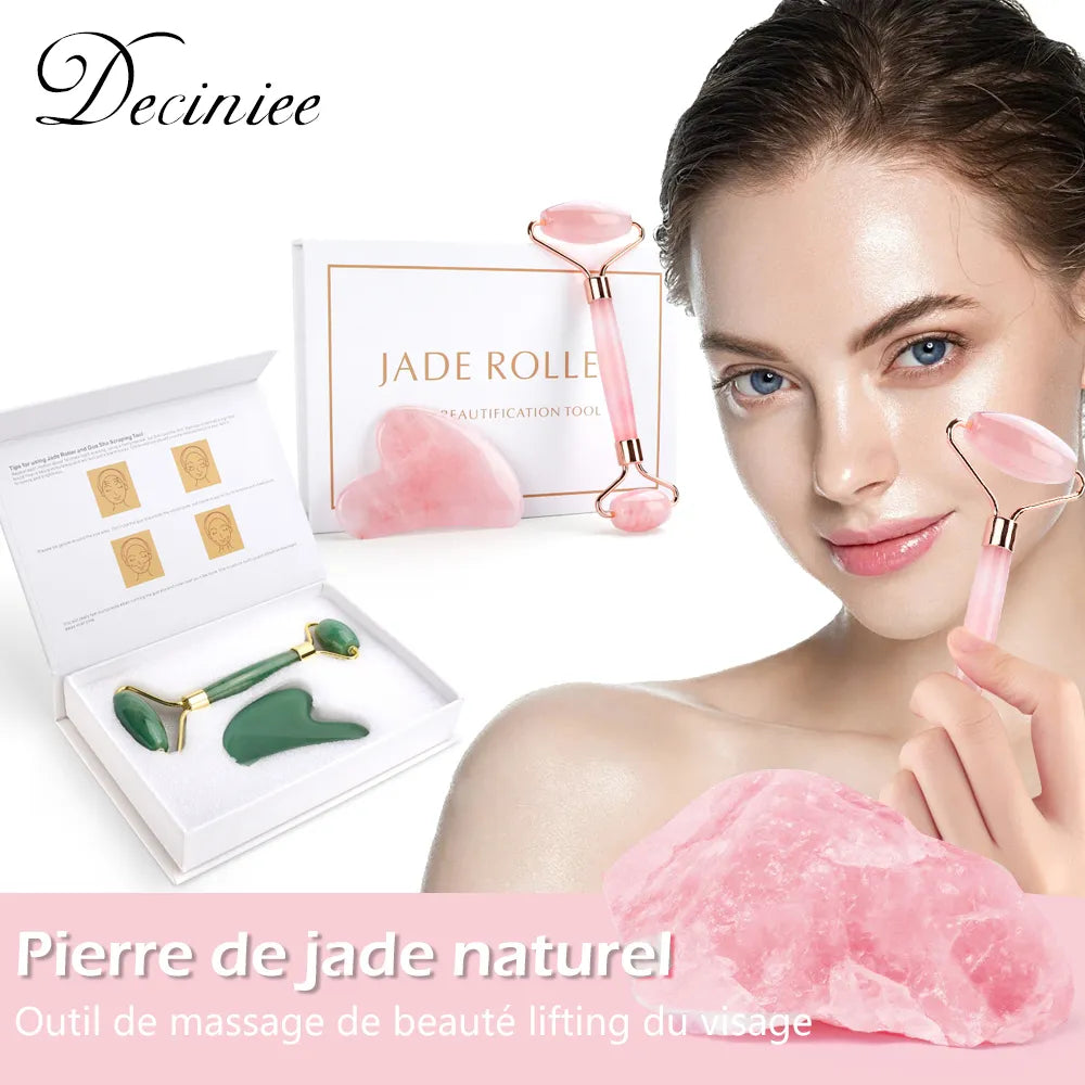 Natural Rose Quartz Jade Roller Gua Sha Set Facial Body Massager Roller