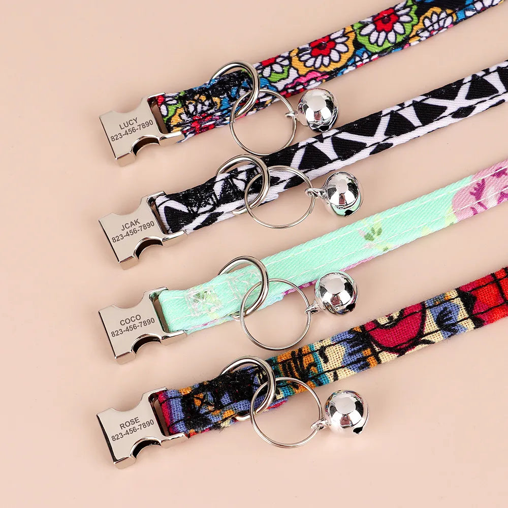 Printed Cat Collar Adjustable Kitten Puppy Collars With Free Engraved ID Nameplate Bell