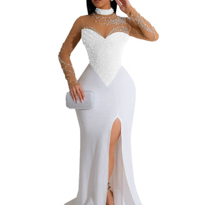 Women's Rhinestone Pearl See-through Waist-tight Stretch Split Dress
