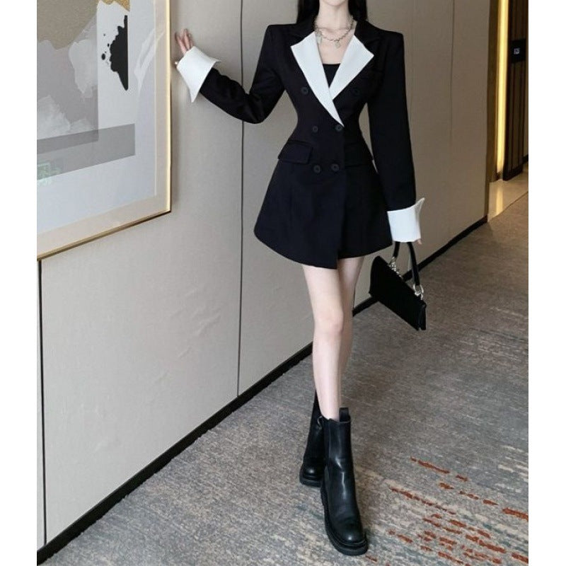 High Sense Design Contrast Color Suit Long Sleeve Slim Fit Dress