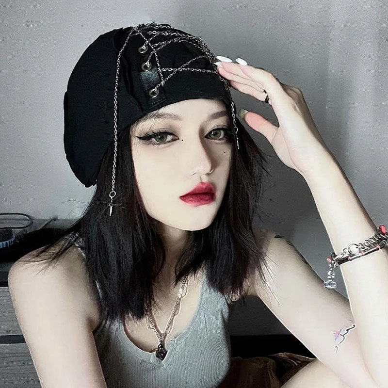 Deep Black Color Cool Harajuku Gothic Lolita Punk Hat Female Cross Autumn And Winter Hat Female Girl Accessories Cap
