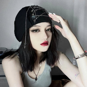 Deep Black Color Cool Harajuku Gothic Lolita Punk Hat Female Cross Autumn And Winter Hat Female Girl Accessories Cap