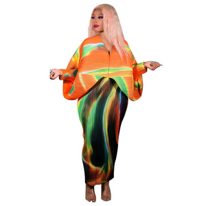 V-neck Batwing Sleeve Printing Dress