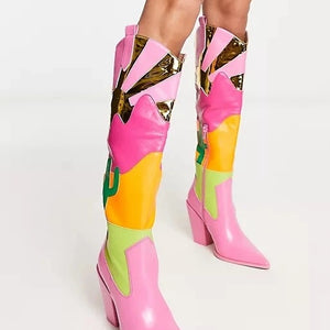 Ins Fashion Runway Chunky Heel Multi-color Mosaic Boots