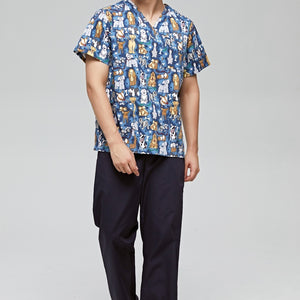 Surgical Gown Printed V-neck Pet Doctor Beauty Hospital Work Clothes Flower Dog Blue
