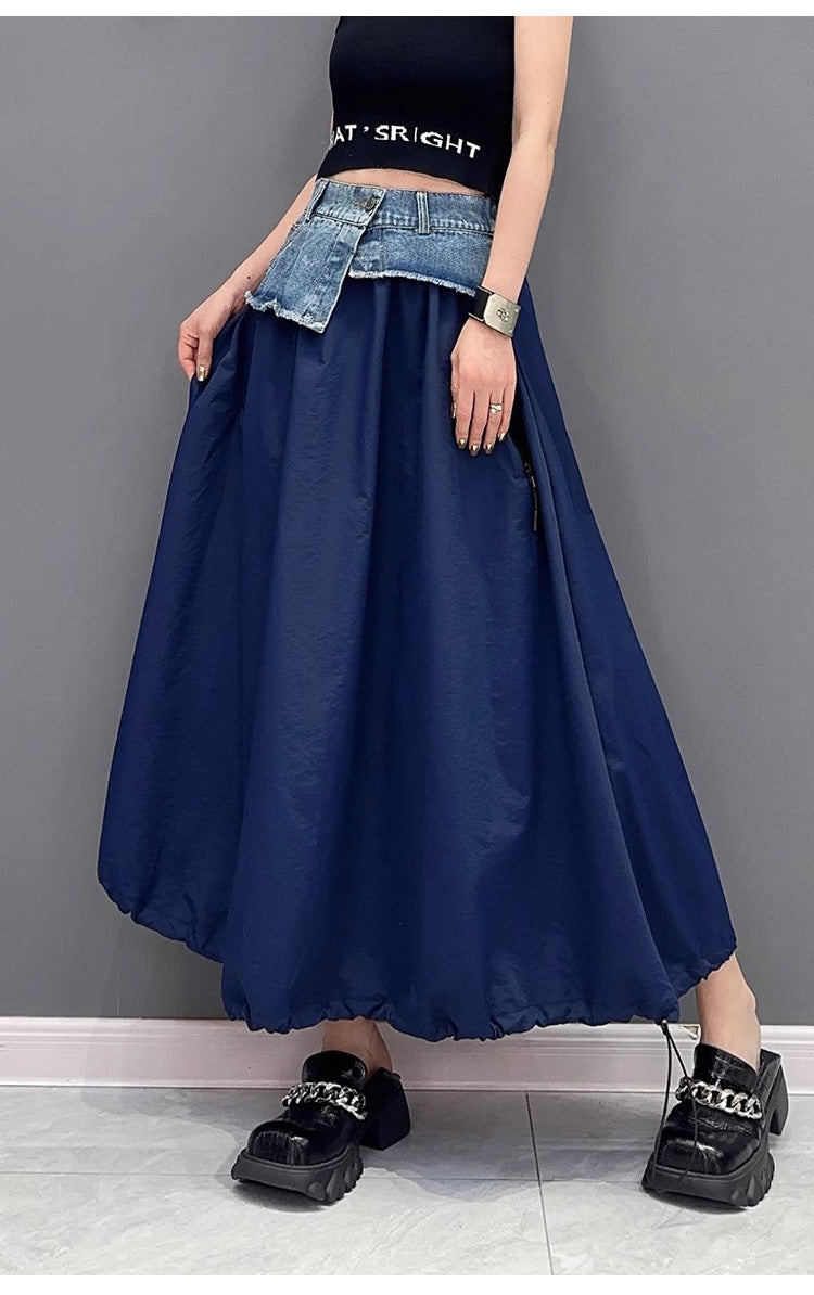 Women's American-style Color Contrast Patchwork Denim Skirt