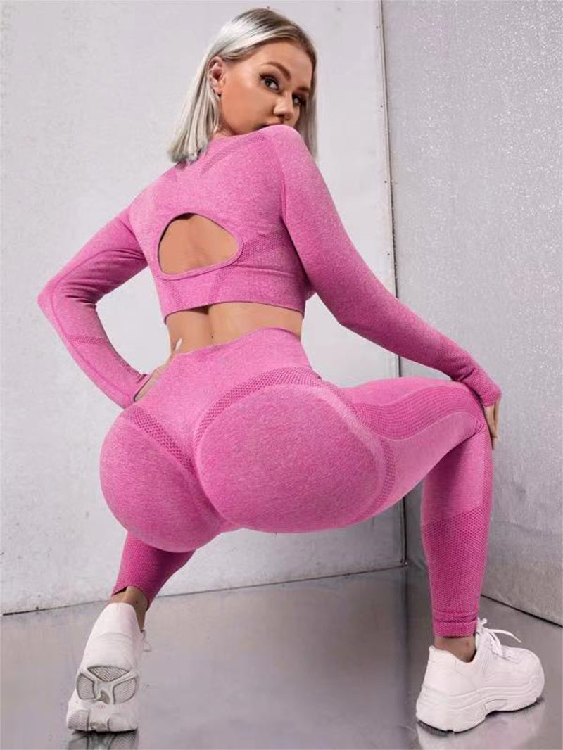 2pcs Sports Suits Long Sleeve Hollow Design Tops And Butt Lifting High Waist