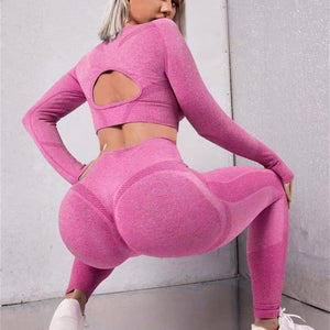 2pcs Sports Suits Long Sleeve Hollow Design Tops And Butt Lifting High Waist